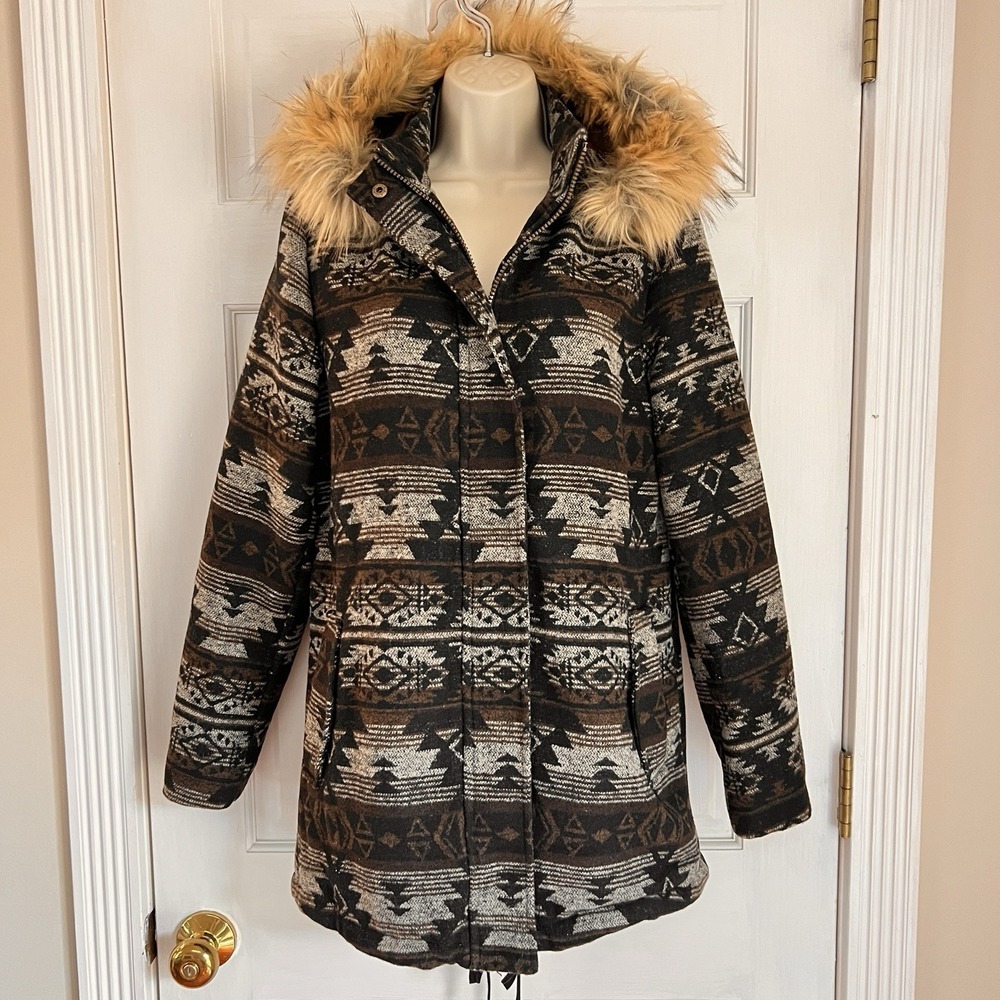 Victory Outfitters Aztec Print Parka Coat Sz S Faux Fur Hood Trim Black Brown